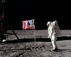 Aldrin in front of the US flag